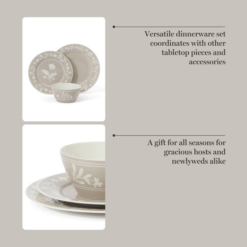 Martha Stewart Maiden Crown 12-Piece Dinnerware Set - Vegan Bone China Ceramic Plates & Bowls - Floral Design - Service for 4