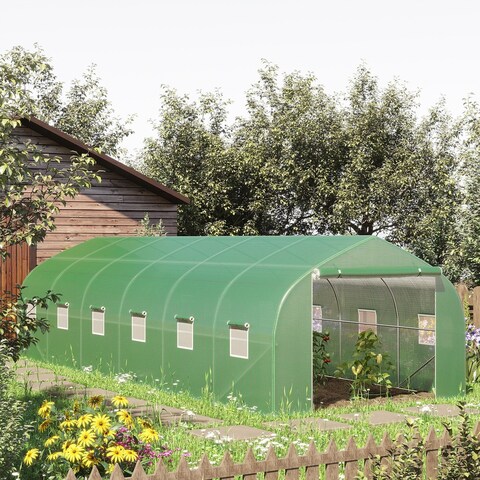 Outsunny 25' x 9.5' x 6.5' Walk-In Greenhouse Tunnel, Large Gardening Plant Hot House with 12 Windows and Zipper Doors Green
