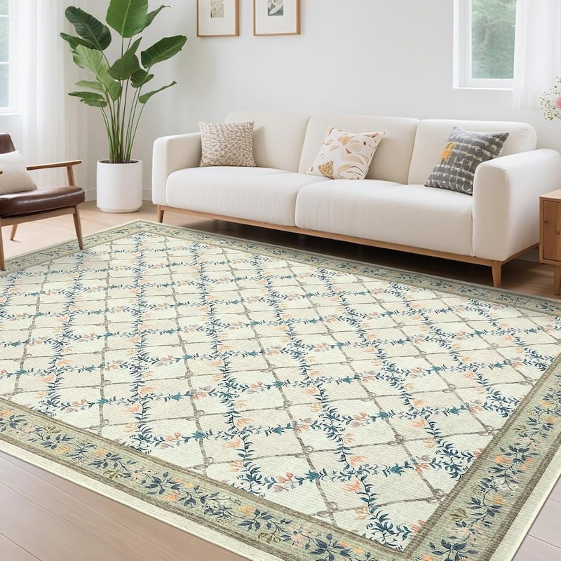Floral Neutral Washable Hallway Low Pile Area Rug for Bedroom, Living Room, Sage Green - 2' x 3' - Green 5*7ft