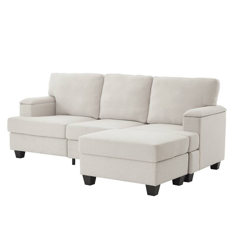 L Shaped 3 Seats Sofa with Armrest Organizer, Linen Sectional Sofa with Movable Ottoman, Comfy Upholstered 3 Seater Couch,