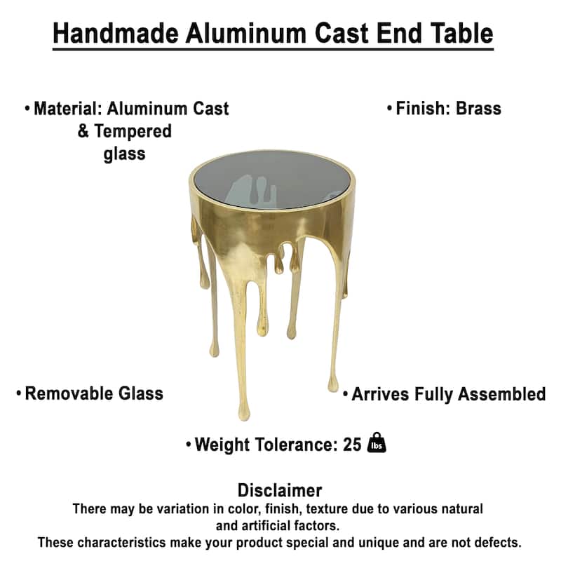 Capri Side End Table, 24.75 Inch Round Glass Top, Melting Drip Design, Antique Gold