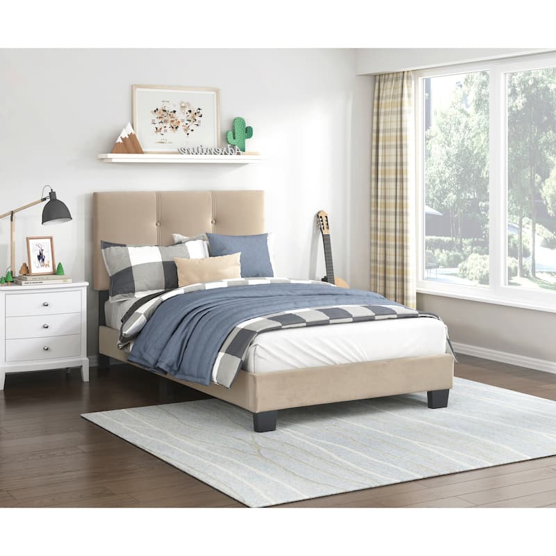 Twin Platform Bed with Adjustable Height Headboard, Velvet Upholstery, Solid Wood Frame - Light Brown