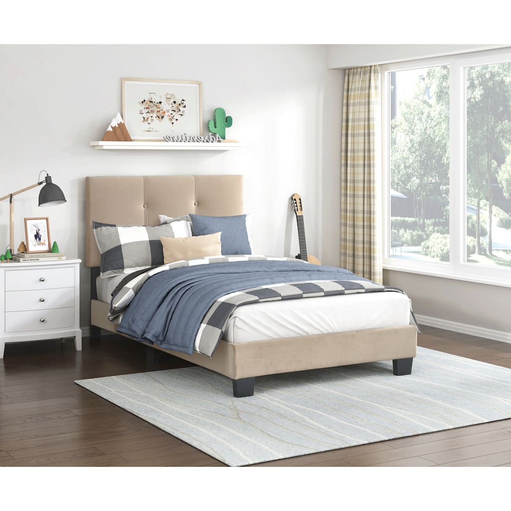 Twin Platform Bed with Adjustable Height Headboard, Velvet Upholstery, Solid Wood Frame