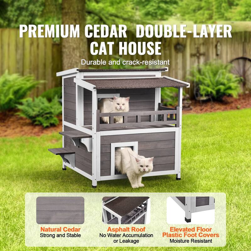 Outdoor Cat House Weatherproof, with Balcony, Doors, PVC Door Flaps and Open Roof - 30"L x 30"W x 32"H