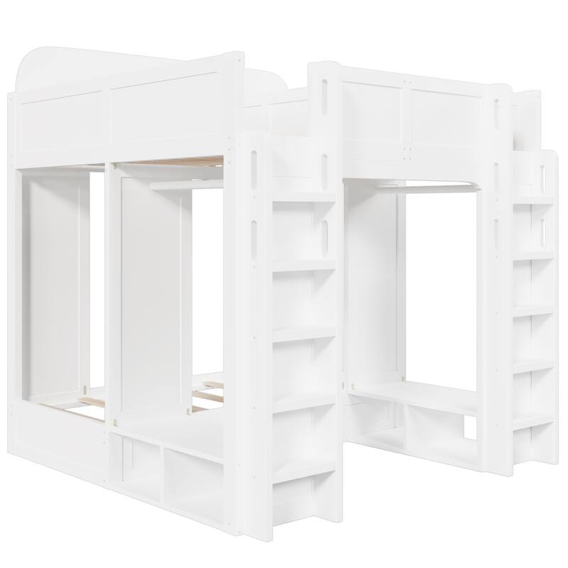 Roomfitters Triple Bunk Bed with Twin, Twin and Twin XL Beds, Storage Shelves and Hooks