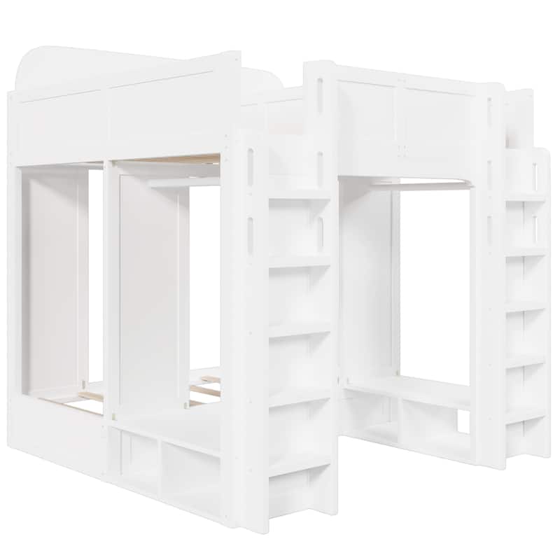 Triple Bunk Bed with Storage Shelves & Hooks, Twin + Twin over Twin XL, Space-Saving Design