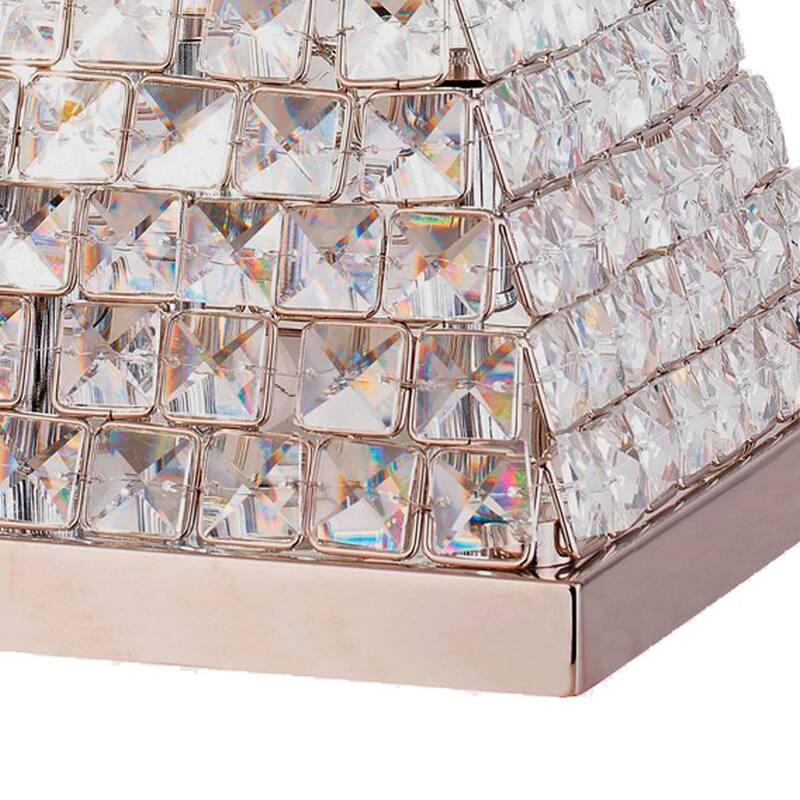 14 Inch Table Lamp, Crystal Pyramid Shaped Frame, Stone Studded, Silver