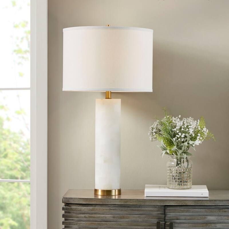 Alabaster Table Lamp Modern Bedside Lighting for Living Room Bedroom Office Decor - White+Gold