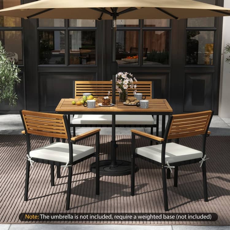 Wood Black Acacia 4 Piece Patio Dining Set with Bench and Cushions - Table Size: 47" x 27.5" x 29"