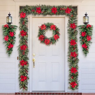 Glitzhome 9ft Pre-Lit Greenery Pine Poinsettia and Red Berries Christmas Garland, with 70 Warm White Lights and Timer