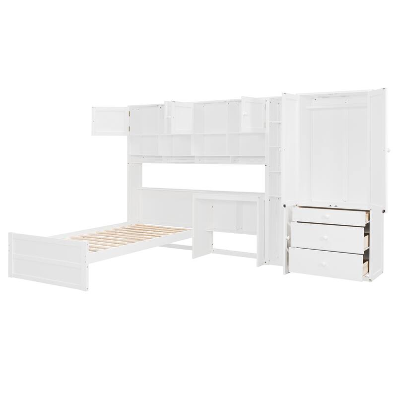 Twin Size Murphy Bed Cabinet Foldable Wall Bed Frame with Storage Wardrobes, Desk & Shelves, Wooden Hidden Platform Bed Chest