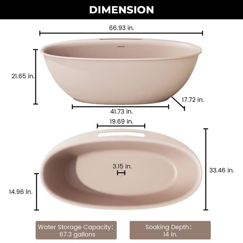 Luxury Flatbottom Solid Surface Freestanding Soaking Bathtub with Discreet Towel Slot and Drain Assembly