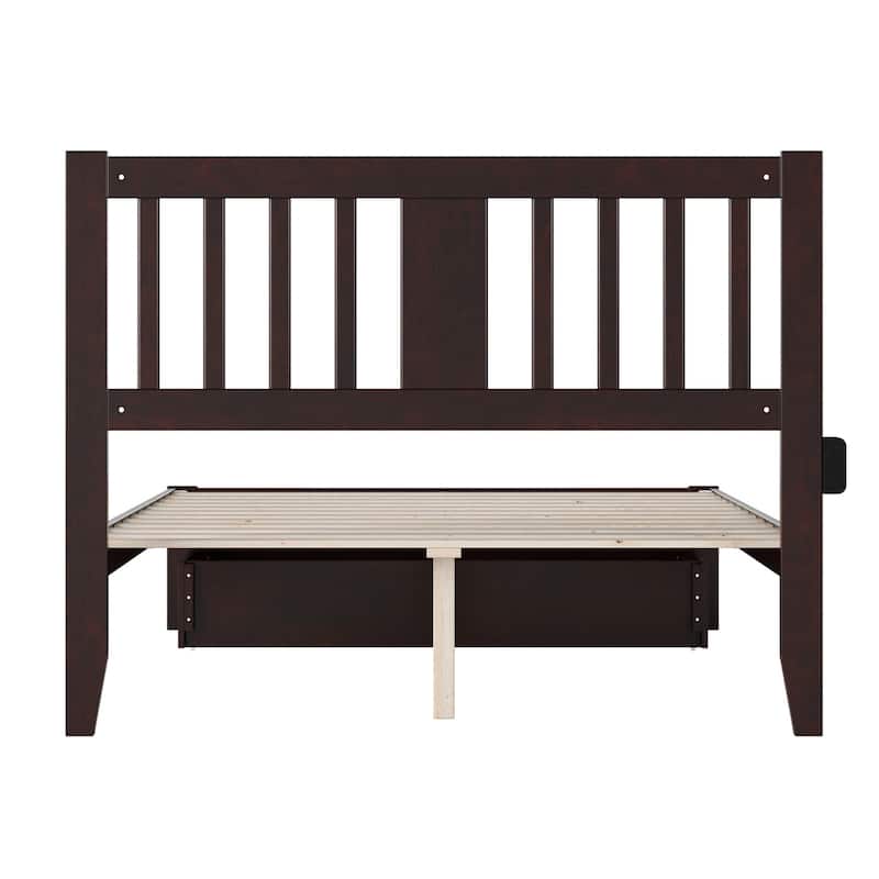 Full Bed with Foot Drawer & Charging Station - Vintage Style, Espresso Finish, Solid Wood Frame