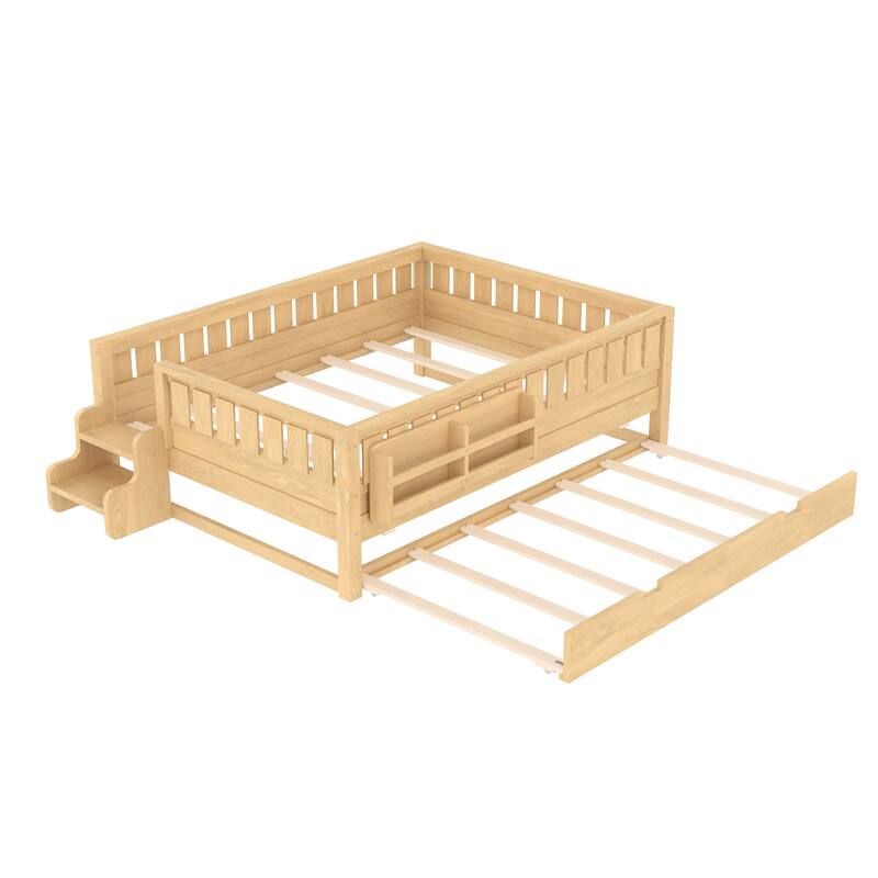 Full/Twin Size Wood Bed with Built-in Bookshelves and Storage Staircase, Safety Rails and Trundle Bed