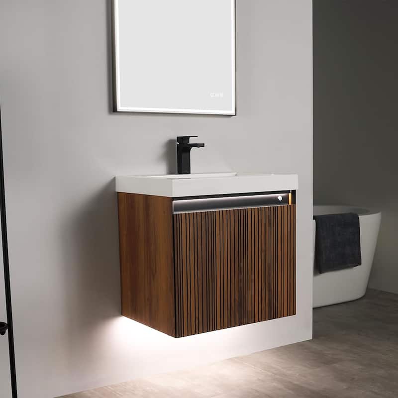Blossom Lille Brown Walnut Floating Vanity with LED & Acrylic Sink