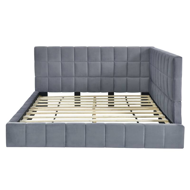Full Size Upholstered Tufted Sofa Bed, Mid-Century Upholstered L-Shape Daybed, Velvet Fabric Bed Frame with Wood Slats