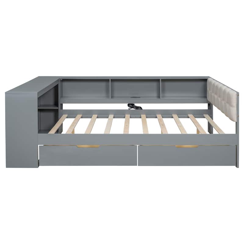 Wood Full Size Upholstered Headboard Platform Bed with Storage Shelves Drawers and Charging Station