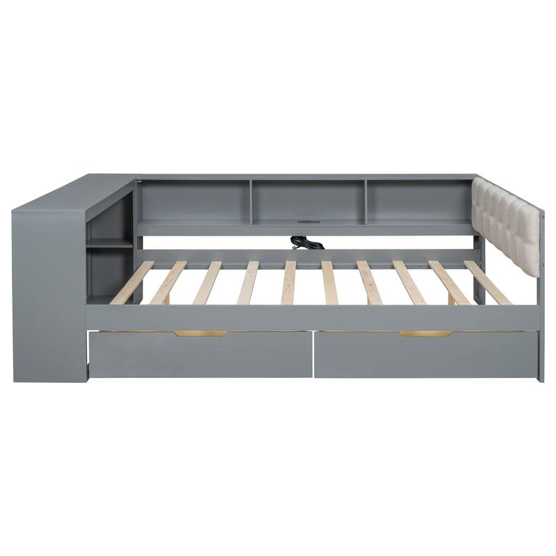 Wooden Platform Bed Multi-Functional Daybed with Desk, Linen Headboard, 2 Drawers, Charging Station and Mulit-Storage Shelves