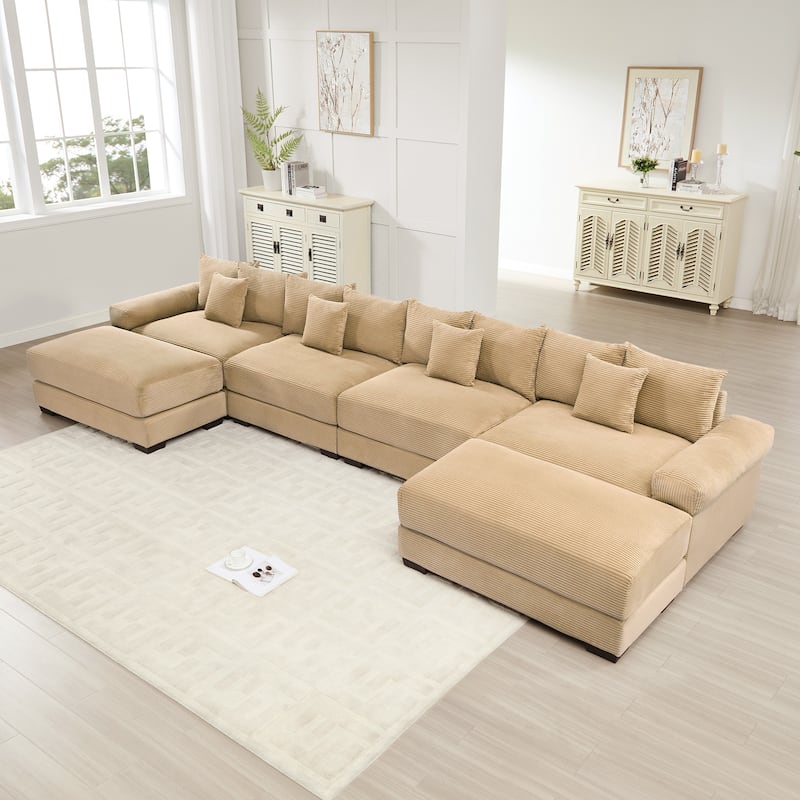 GDFStudio - Corduroy U-Shaped 4-Seater 167.6" Cloud Modular Sectional Couch with 2 Ottomans - Camel