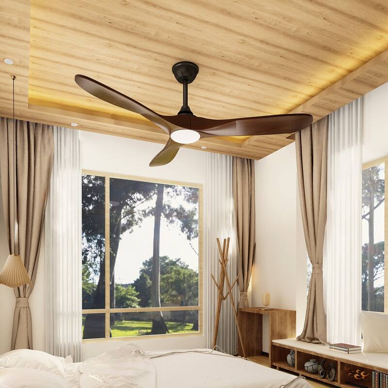 60" LED Light 3-Blades Wood Ceiling Fan with Remote Control, Brown - 60 Inches