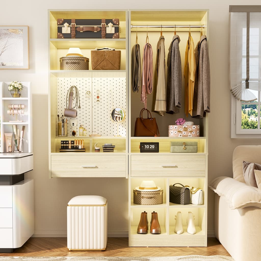 Set of 2 Closet System with Hanging Rod and 11 Open Shelves,Walk-in Closet Organizer with 2 Wooden Drawers and Magnetic Pegboard