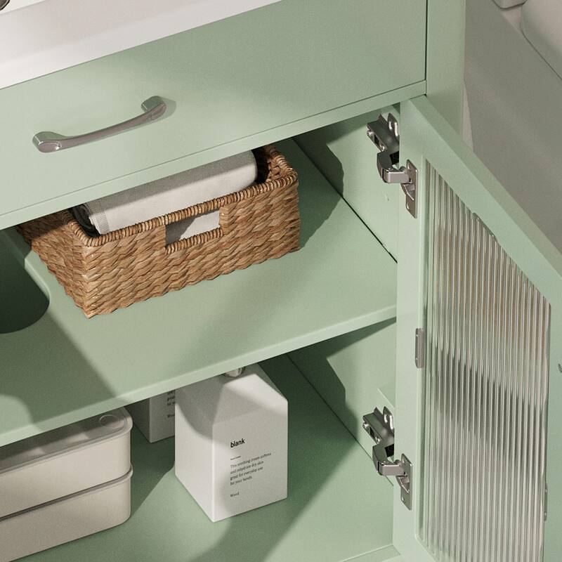 31" Bathroom Vanity with Tempered Glass - Modern Cabinet with Rubber Wood Legs and Soft-Close Doors
