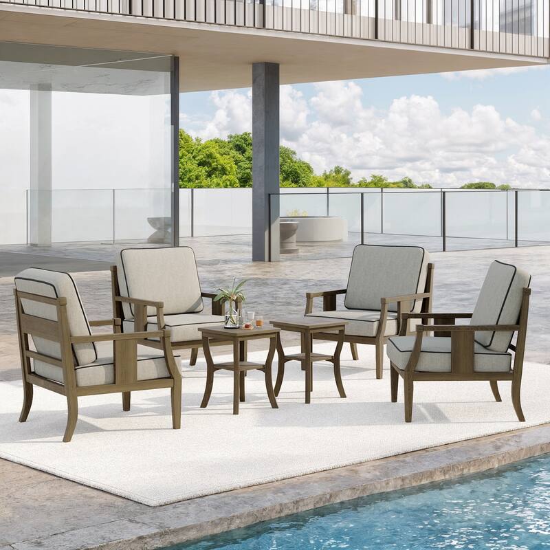 6-Piece Outdoor Teak Seating Set Armchair Patio Conversation Sets with 2 Tables, Cushion - Natural Wood - Light Camel