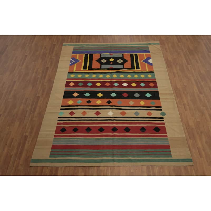 Hand Woven Oriental 100% Wool Carpet Southwestern Modern Multi-Colored Kilim Area Rug - 12' 0'' X 8' 9''