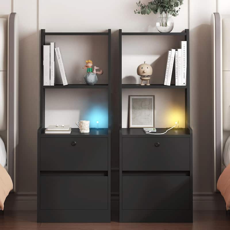 Set of 2 Nightstands with Charging Station and Bookshelf - Black
