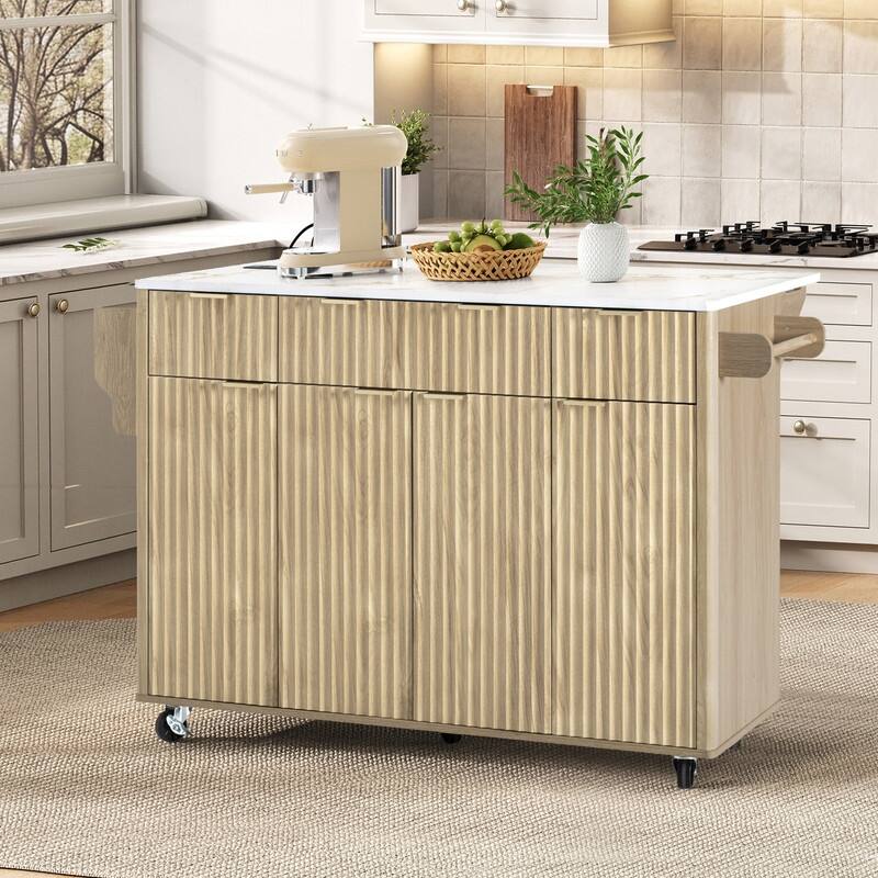 Fluted 55.5" Kitchen Island with Drop Leaf, Rolling Island Table with Drawers, Power Outlet for Functional Kitchen Organization - Natural