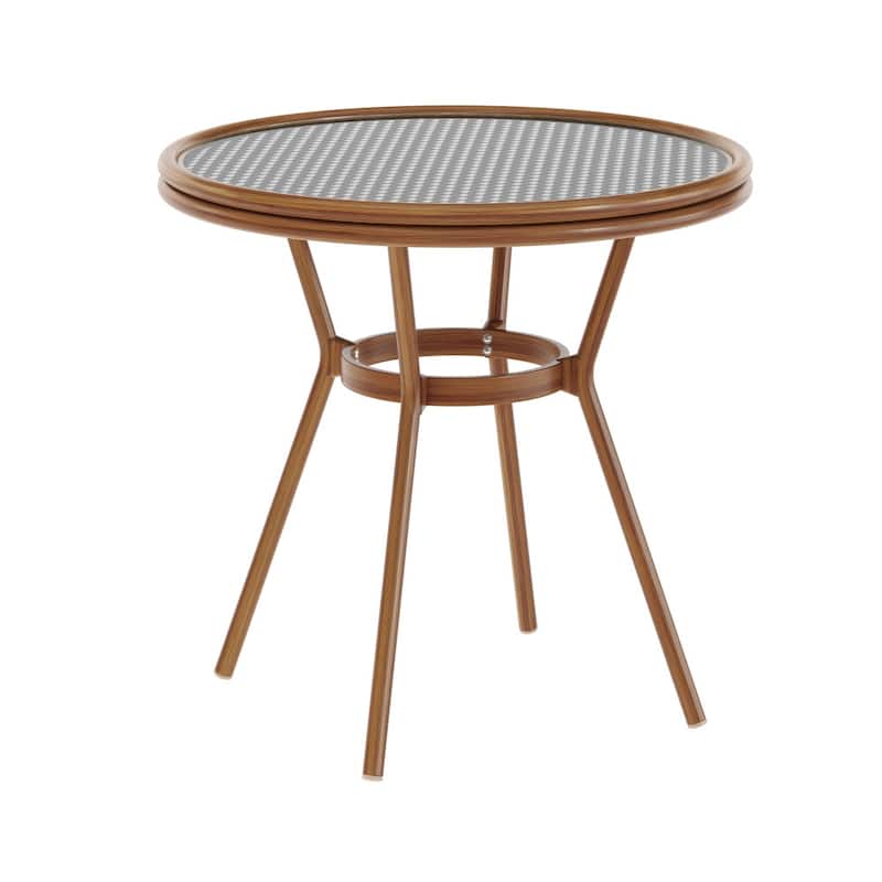Indoor/Outdoor Commercial Glass Top Bistro Table - Black & White Rattan/Natural Frame
