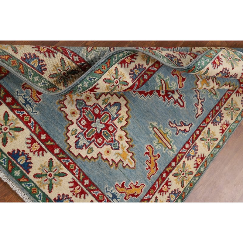 Light Blue Medallion Kazak Oriental Rug Hand-Knotted Wool Carpet - 3'5" x 4'10"