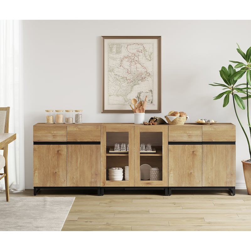 WAMPAT Modern Sideboard with Adjustable Shelves, 3 in 1 Storage Cabinet with Glass Doors, Coffee Bar Cabinet for Kitchen