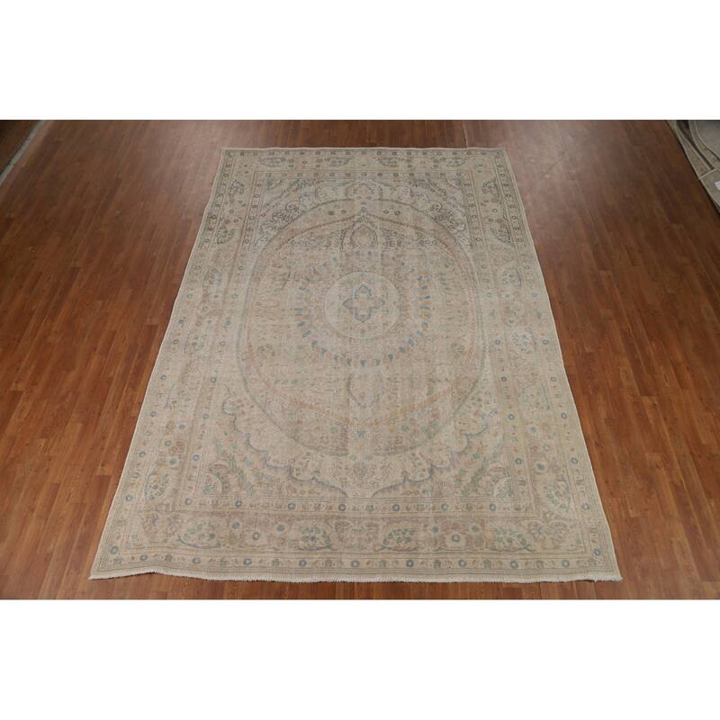 Floral Tabriz Persian Area Rug Beige Handmade Wool Carpet - 7'9"x 11'1"