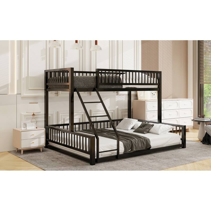 Floor Bunk Bed Heavy Metal Bed Frame with Ladder and Safety Guardrails, Detachable Bunkbeds Design Converts to 2 Platform Beds