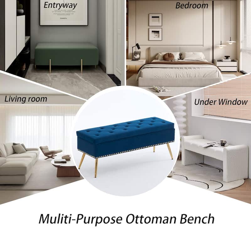Velvet Storage Ottoman Bench with gold legs and Nailhead Trim for Bedroom/End of Bed/Entryway/Window