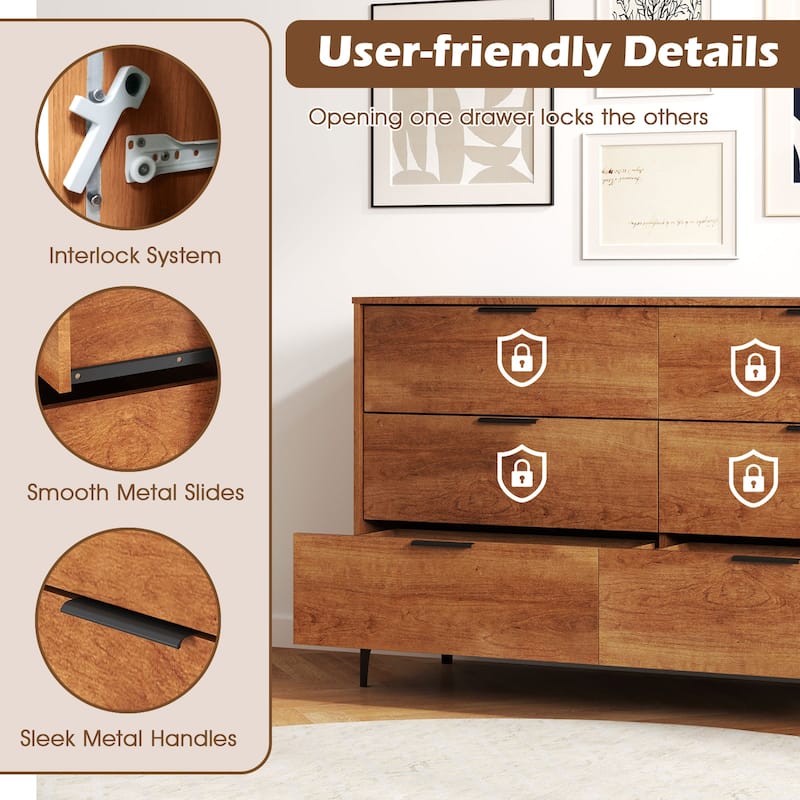 Gymax 6-Drawer Double Dresser w/ Interlock System Metal Support Legs