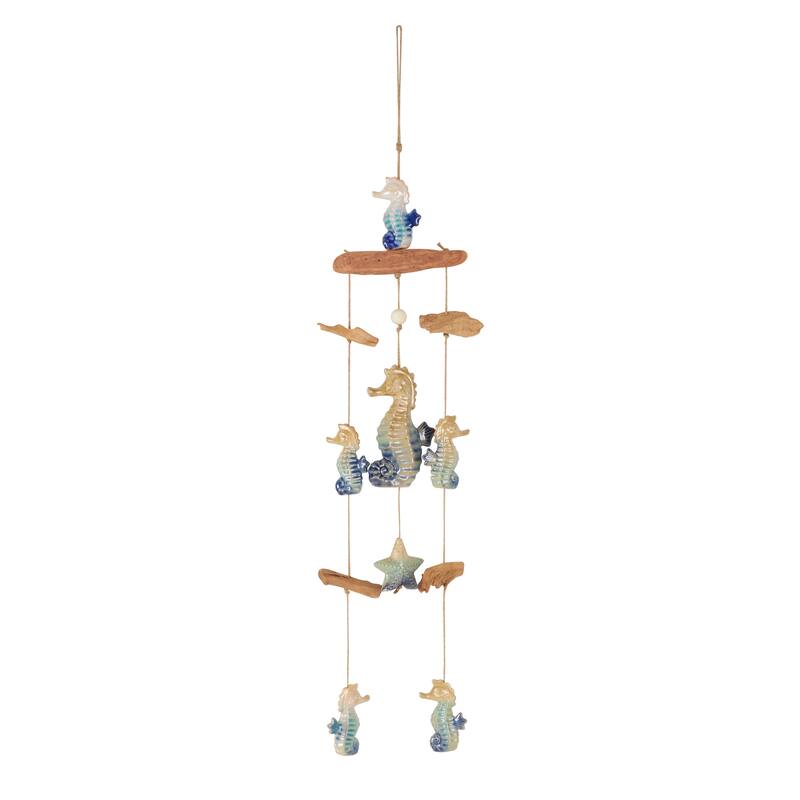 Blue Ceramic Ombre Starfish Windchime with Driftwood and Hanging Starfish Accents