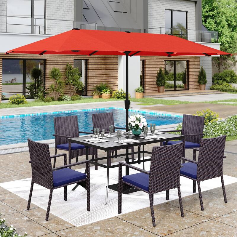 MAISON ARTS 7/8 Pieces Outdoor Patio Dining Set, 6 PE Rattan Chairs with Cushions and 1 Rectangle Metal Table