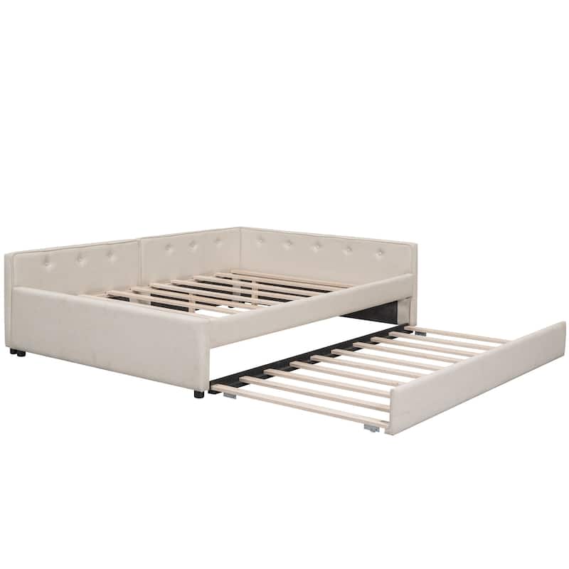 Roomfitters Full/Queen Size Upholstered Platform Bed with USB Port, Trundle Included, Beige