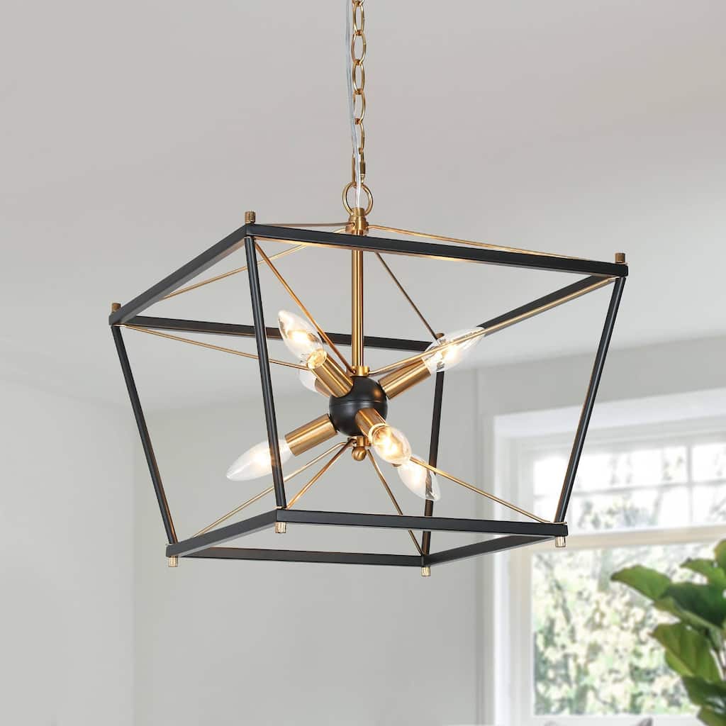 Modern Farmhouse 6-Light Black Gold Cage Chandeliers Sputnik Pendant Light for Dining Room - L15.5" x W15.5" x H15.5"