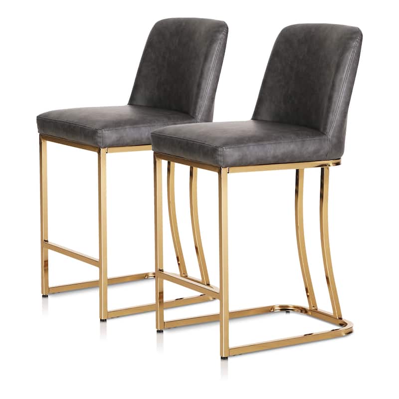 Bar Stool PU Leather Upholstered Dining Chair Middle Back Kitchen Stool Modern with Gold Polished Frame - Set of 2 - Grey