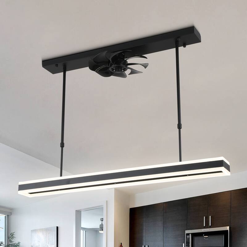 40" Modern LED Fan Light for Kitchen Island and Dinning Area, 3 Color Tone Dimmable LED Light with Quiet DC Ceiling Fan - 40 * 20 * 2.5 - Matte Black  - Remote/On-Off Line Switch