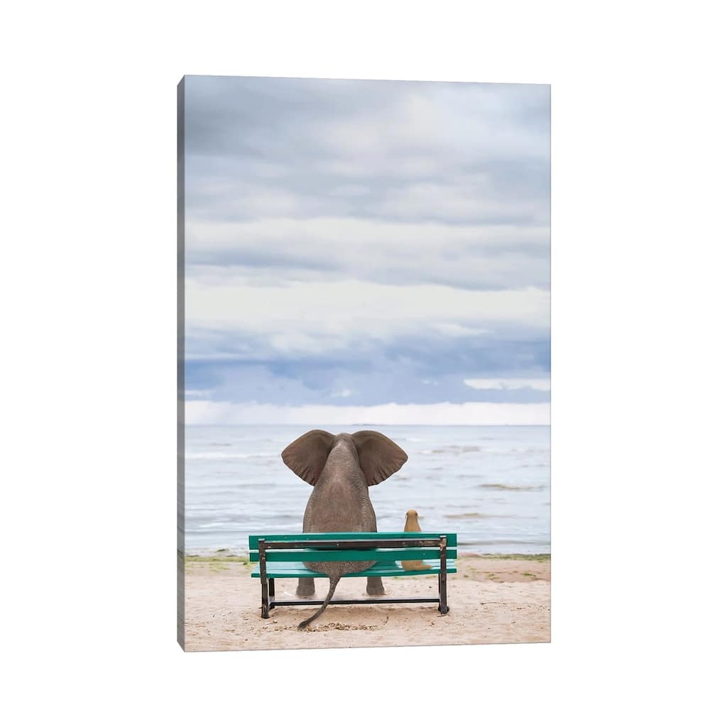 iCanvas "Elephant And Dog Sit On A Bench By The Sea II" by Mike Kiev Canvas Print