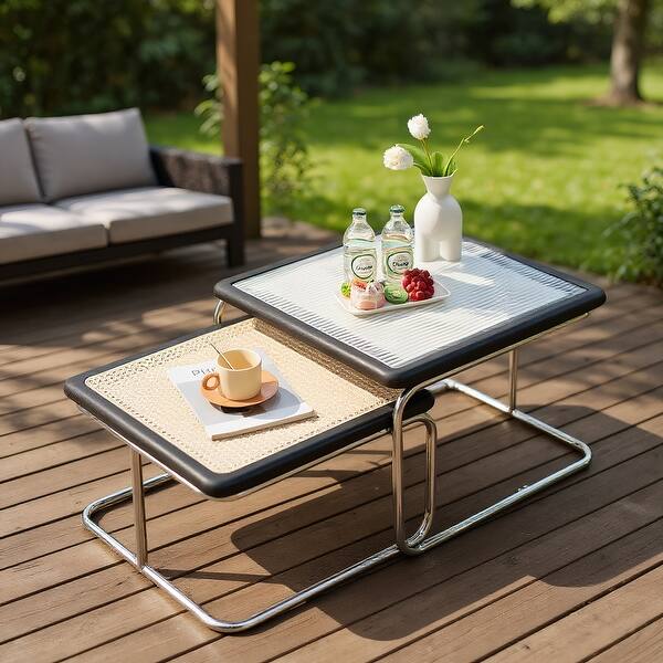 Modern Rattan & Glass Nesting Small Dining Table Black Coffee Tables ...