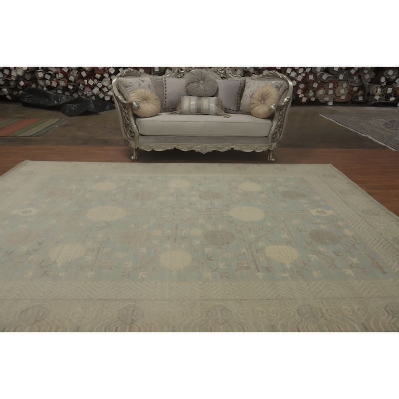 Vegetable Dye Wool Oushak Turkish Area Rug, Floral Geometric Carpet - 11' 11'' X 9' 1''