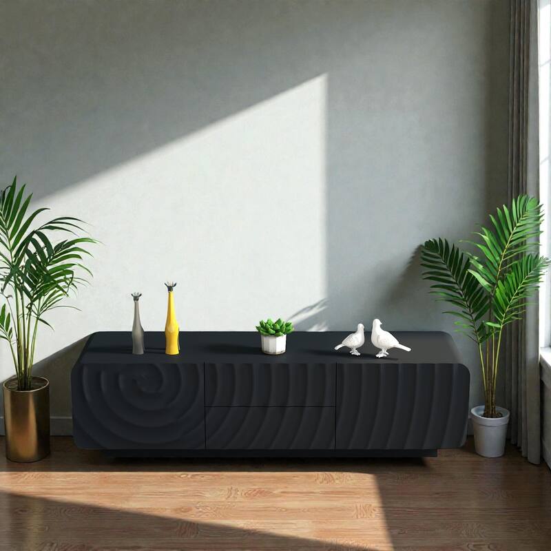 58 Inch Modern TV Stand with Spiral Wave Design, Storage Cabinet and Drawers, Media Console for Living Room