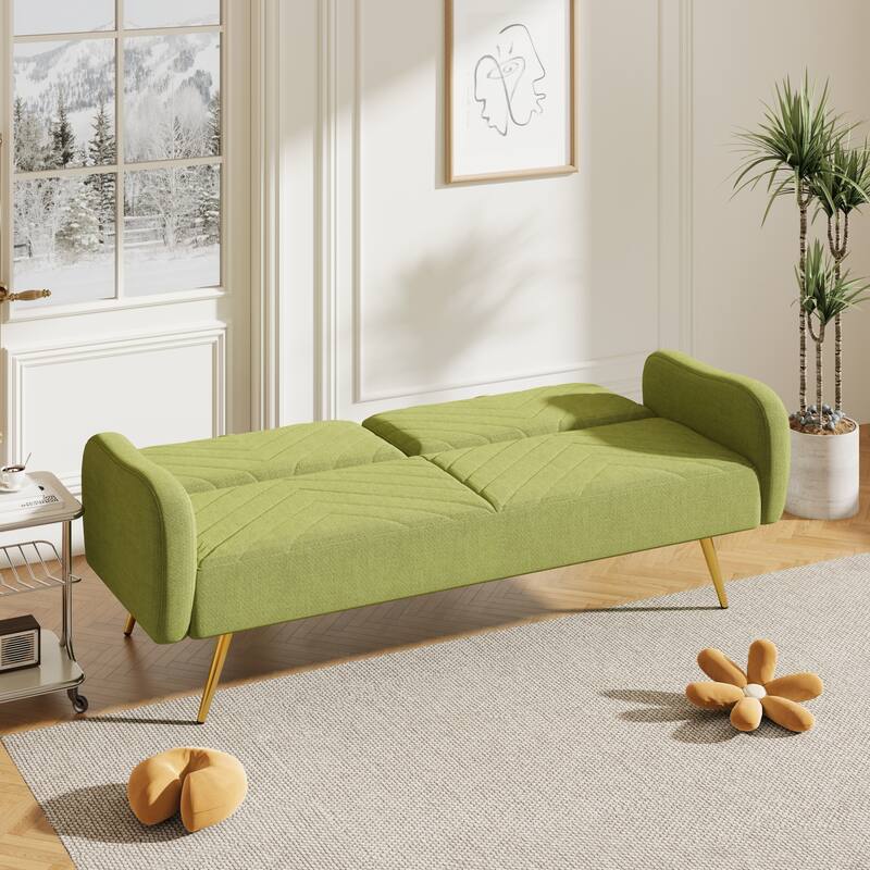 Green Linen Upholstered Double Futon Sofa Bed with Adjustable Split