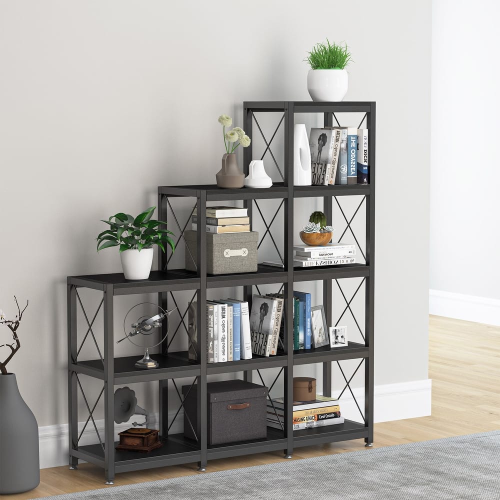 12 Shelves Bookshelf, Industrial Corner Stepped Etagere Bookcase