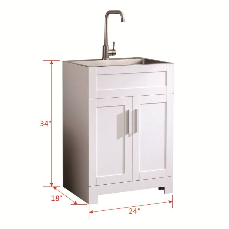 24in White Paint Free Laundry Tub Cabinet with Stainless Steel Combo